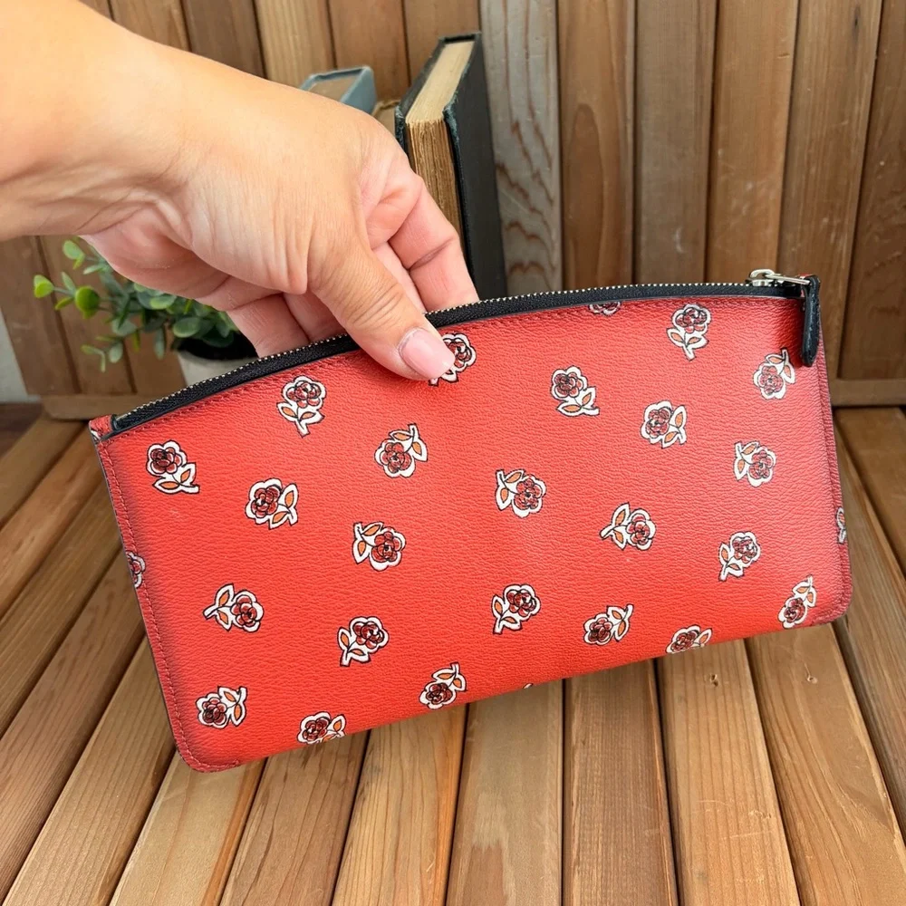 Coach Floral Print Leather Zip Pouch Essentials Wallet Coral Red - Picture 5 of 6